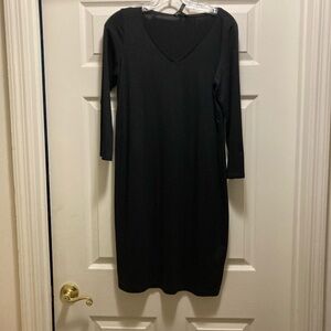 NWT EILEEN FISHER Classic Stretch TENCEL Black Jersey V-Neck Dress- Size XS